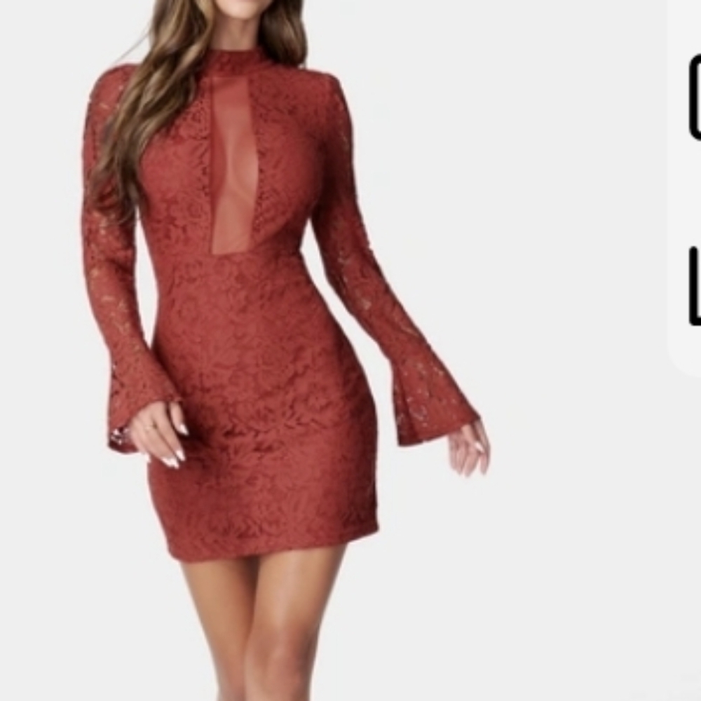 Bebe Women Bell  Sleeve Lace Bodycong Mini Merlot Dress SZ L